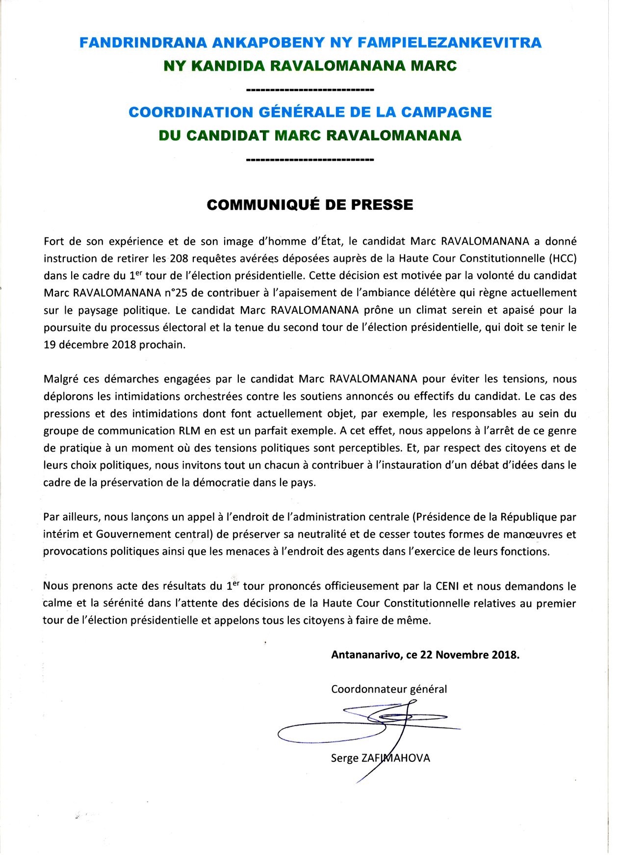 Communiqué - Coordination générale de la campagne du candidat Marc Ravalomamanana